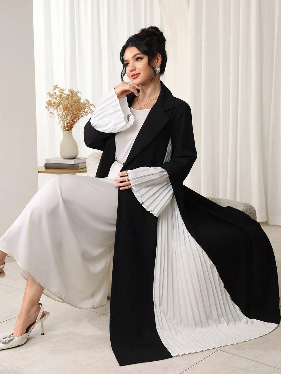 Al Najma 女士优雅撞色褶皱喇叭袖阿拉伯长袍 - 黑色 - 查看 1