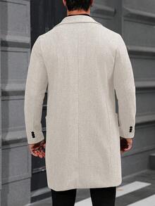 Manfinity Mode 男士纯色翻领单排扣休闲大衣，秋冬男士长款大衣，米色/奶油色/米色/欧式休闲风 - 杏色 - 查看 2