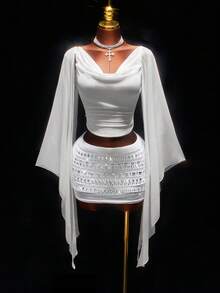 Amplova 两件套女士缎面露背收腰连衣裙，配蝴蝶结披肩领和水钻后背装饰，闪亮亮片迷你裙，适合派对、秋冬季穿着。 - 白色 - 查看 3