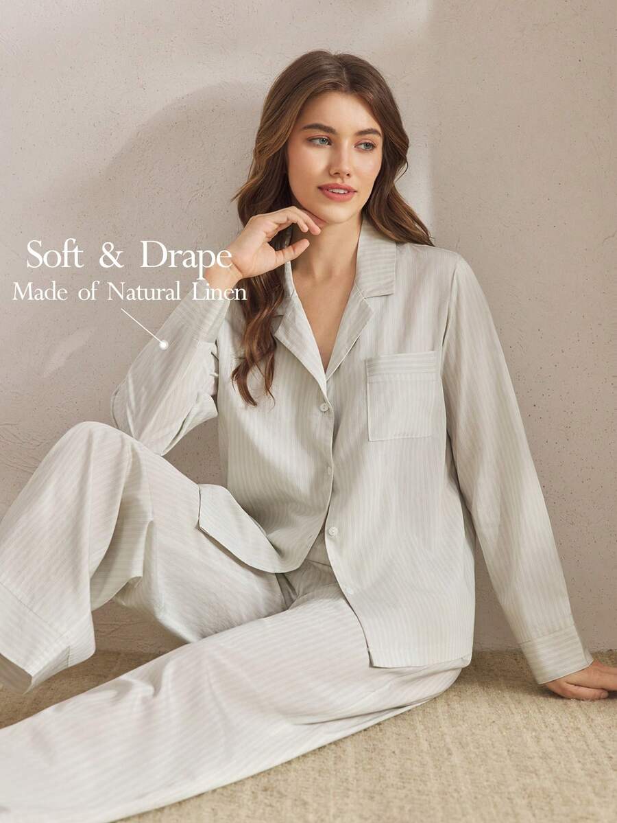 Ocili Set de pijamale din in cu dungi și guler cu nasturi, confortabil, mânecă lungă și pantaloni, toamnă elegantă