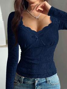 Almamuse 女士法式浪漫蕾丝蝴蝶结性感上衣长袖蕾丝上衣深蓝色蕾丝上衣女士蕾丝上衣蕾丝海军蓝蕾丝上衣 - 藍色 - 查看 4