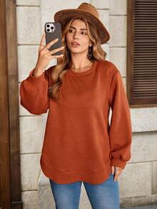 EMERY ROSE Plus Size Women Red Loose Fit Round Neck Drop Shoulder Long Sleeve Smart Casual Everyday Sweatshirt,Autumn Cozy Christmas Jumper Country Style - Rust Brown - View 5