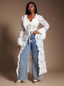 SHEIN SXY Plus Size Women Sexy Sheer Lace Elastic Blouse With Elegant Ruffle Trim Design, Suitable For Outerwear And Layering, Enriching Your, Streetwear, Going Out, Date Night, Fashionable, Lace Women Lace Cover Up Lace Kimono,Suitable For Leisure,Street Style,Western Wear,Music Festival,Vintage,Minimalism,Concert,Carnival Party - White - View 4