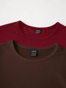 SHEIN BASICS 2pcs/Set Casual Solid Color Knit Crew Neck Long Sleeve Bodysuit For Women Summer Outfit For Women - Burgundy - View 3