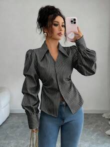 Elenzga Áo sơ mi kẻ sọc thanh lịch dành cho nữ, thời trang cho mùa thu trở lại trường - màu đen - Xem 1