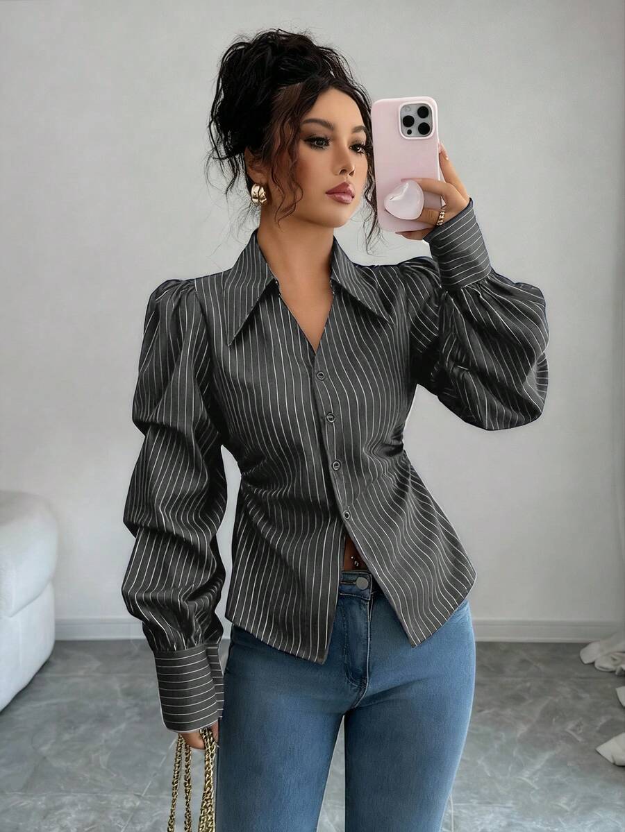 Elenzga Áo sơ mi kẻ sọc thanh lịch dành cho nữ, thời trang cho mùa thu trở lại trường - màu đen - Xem 1