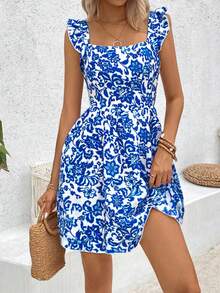 Breezaya فستان مزين بطبعات زهرية وتريم مكشكش مفرغ للحواف، ملابس شاطئ للعطلات للنساء