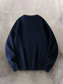 Manfinity EMRG 男士字母图案圆领长袖休闲毛衣，秋冬 - 藏蓝色 - 查看 2