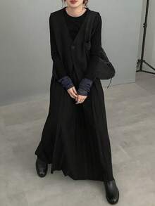 FRIFUL 女式深灰色纯色无袖上衣和百褶裙两件套，秋季 - 黑色 - 查看 5