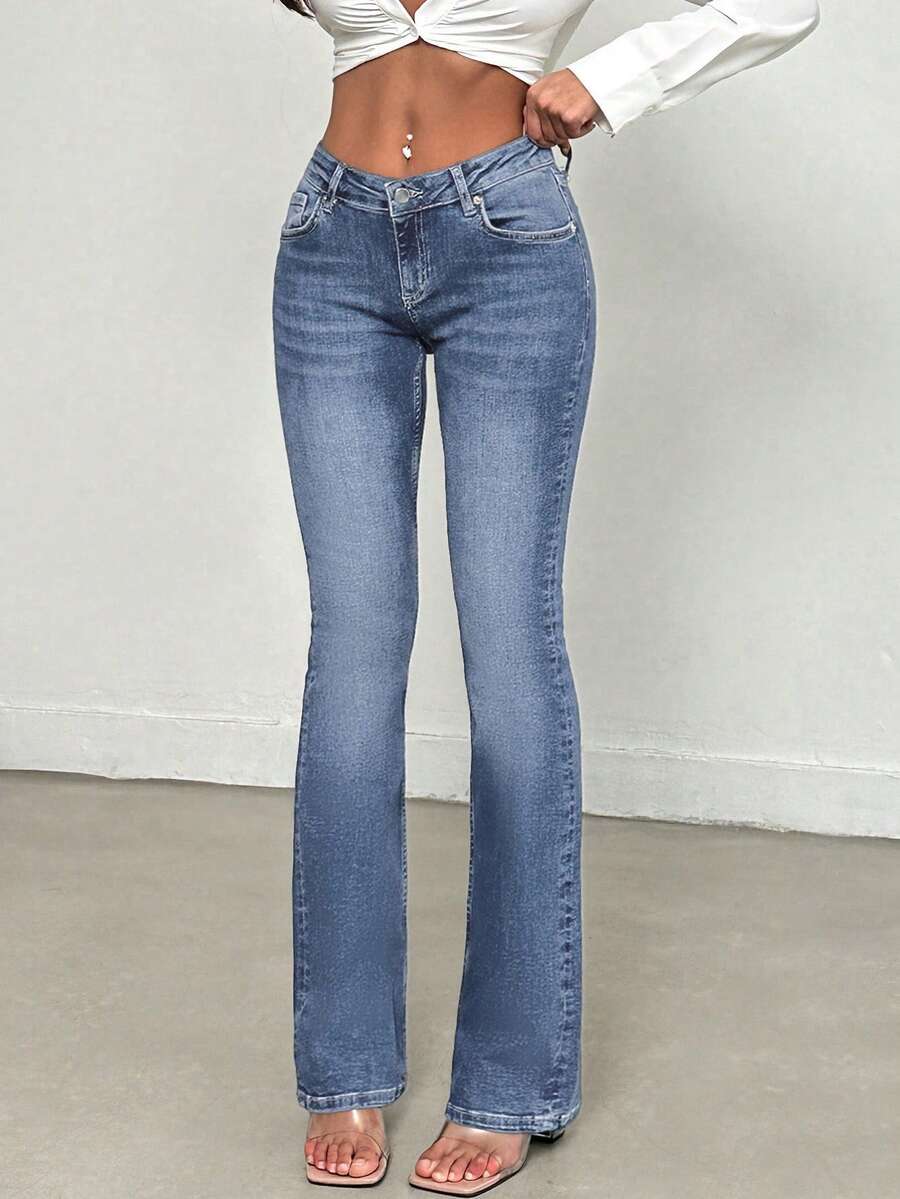 SHEIN Tall 98%Cotton Washed Slant Pocket Casual Flare Jeans - Light Wash - View 1