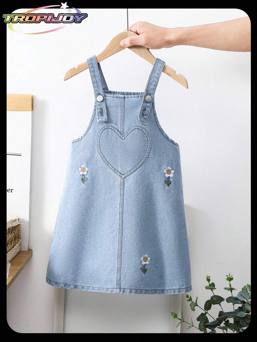SHEIN 少女花卉刺绣休闲牛仔背带裙 - 淺色水洗藍 - 查看 1