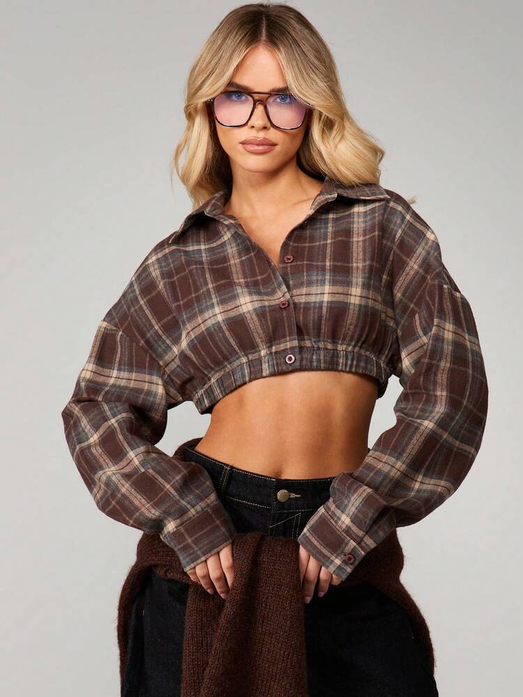 MISSGUIDED Oversized Plaid Crop Shirt With Buttons