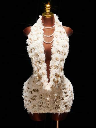 Amplova Women's Solid Color Backless Halter Neck Sexy Sleeveless Mini Dress Feather Dress Goddess Outfit Cocktail Dress