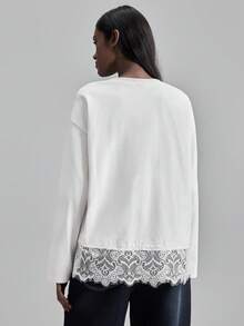 Ontre Lace 2026SS Spring/Summer Party Valentine's Day T-Shirt Top, Women's Spring/Summer Apparel, Round Neck White Lace Patchwork Elegant Minimalist Women's T-Shirt, Spring/Summer Vacation Party Holiday Office Wear Professional Attire Casual Wear - White - View 8