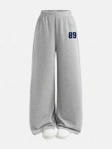 Girlism 2 件套青少年女童字母印花 T 恤和裤子，休闲日常时尚装扮，青少年两件套裤子套装，女童罗纹套装，女童裤子和上衣，喇叭裤套装，儿童女童阔腿裤套装 - 淺灰色 - 查看 8