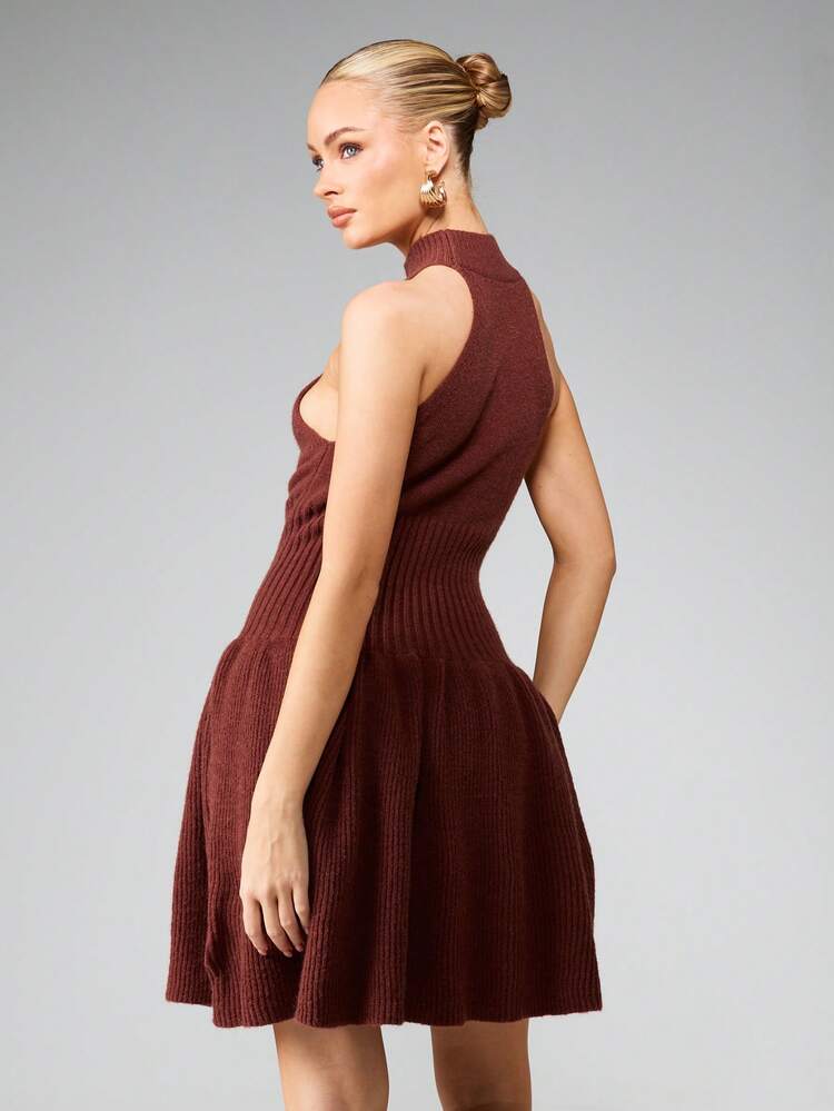 MISSGUIDED Ribbed Knit Halter Neck Sleeveless Mini Dress With Mock Turtleneck For Fall Winter