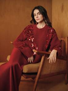 Anewsta 秋冬法式休闲时尚亮片刺绣圆领毛衣 - 紅色 - 查看 5