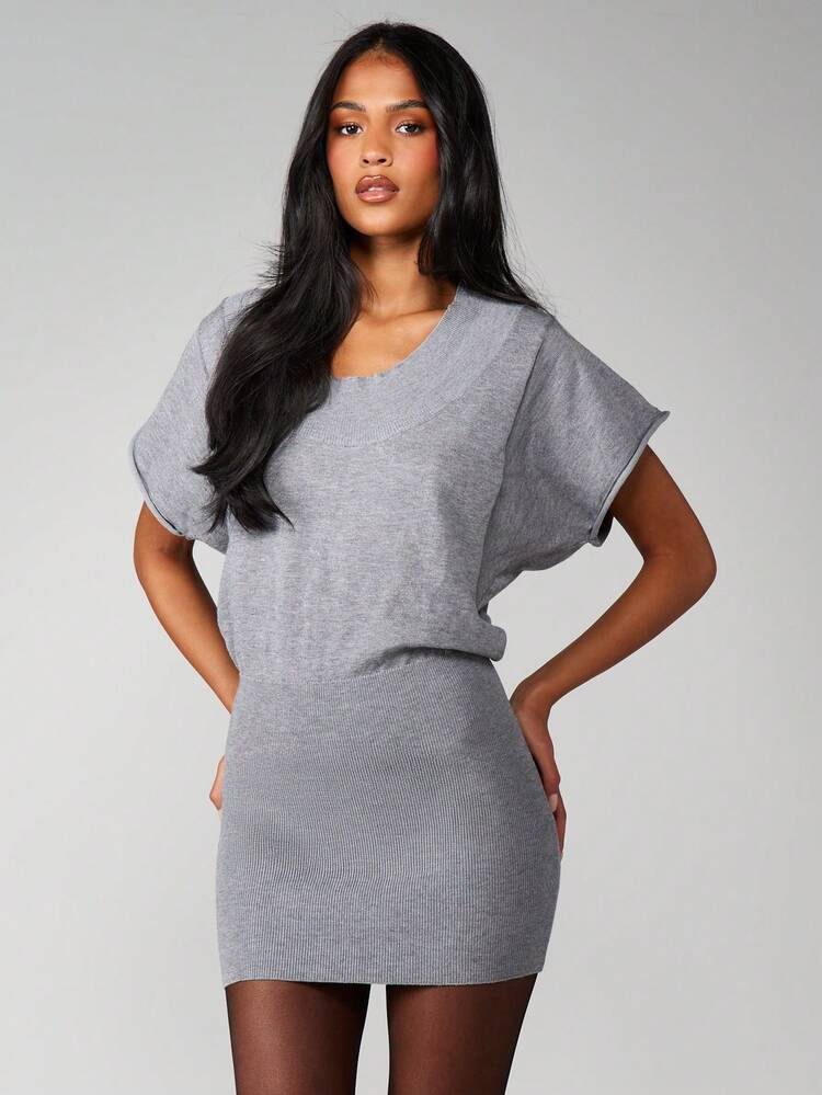 MISSGUIDED Oversized Cable Knit Dolman Sleeve Mini Sweater Dress V-Neck Batwing Fall Winter Casual Knitted Dress