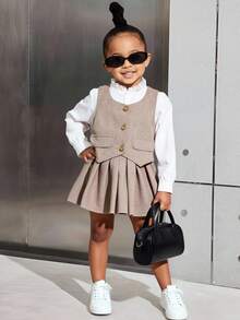 Bộ áo vest cài nút vàng thanh lịch, áo sơ mi cổ nhún và chân váy xếp ly đa năng cho bé gái, phù hợp mặc vào mùa thu/đông, dự tiệc và mặc hàng ngày - Nhiều màu - Xem 1