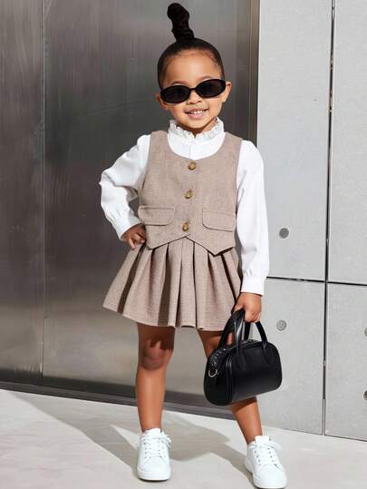 Baby Girl Elegant Gold Button Vest, Ruffle Collar Shirt, And Versatile Pleated Skirt Set, Suitable For Autumn/Winter, Party And Everyday Wear Thanksgiving Outfits For Girls   Thanksgiving Outfits