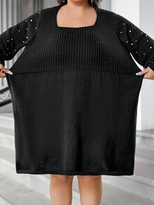 SHEIN CURVE+ Christmas Plus-Size Women's Beaded Square-Neck Dress, Winter Woolen Dress - Black - View 4