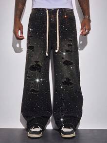 ROMWE MEN Street Life Men's Drawstring Waist Pocket Distressed Rhinestone Embellished Wide Leg Loose Jeans - Black - View 6