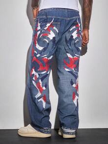 ROMWE MEN Street Life Jeans casuales rectos y holgados con estampado geométrico en el bolsillo para hombres - Azul - Ver 1