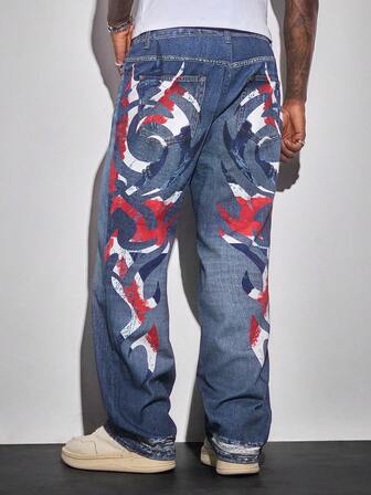 Jeans décontractés droits et amples avec imprimé géométrique pour hommes