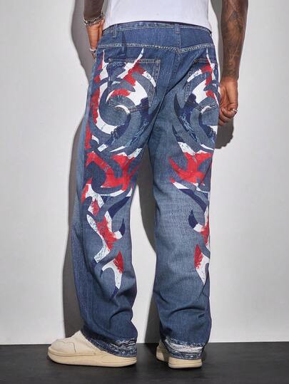 Jeans casuales rectos y holgados con estampado geométrico en el bolsillo para hombres