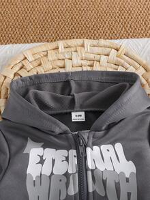 SHEIN Playful Pals 2件組男嬰連帽拉鍊外套+長褲套裝，字母與星星印花，街頭休閒運動風拉鍊套裝，適合秋冬日常穿著 - 灰色 - 查看 6