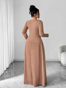 SHEIN Elenzya Elegant Textured Contrast Button Design Plus Size 2 Pieces Set - Khaki - View 2