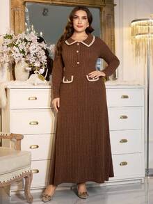 Modelyn Vestido elegante y generoso de talla grande con parches de punto acanalado, adorno de cinta y botones, de estilo primaveral y otoñal - Marrón - Ver 4