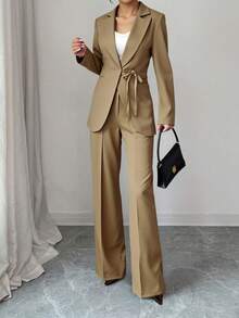 EURMUSE Ensemble de veste blazer avec détails de nœud devant et pantalon large pour femmes - Beige - Voir 2