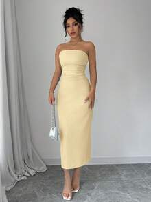 Elenzga 女士优雅纯色纹理面料抹胸修身连衣裙，秋季女士长款套装 - 卡其色 - 查看 4