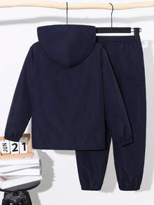 SHEIN Setelan 2 potong untuk anak laki-laki usia remaja, terdiri dari jaket hoodie setengah resleting dan celana jogger, gaya olahraga kasual, cocok untuk musim gugur/musim dingin, Natal, dan Thanksgiving. - Grey - View 2