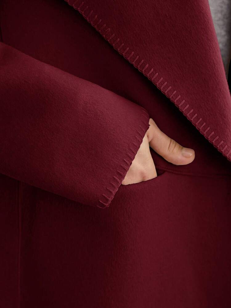 Women's Burgundy Wool Blend Double-Sided Woolen Coat,Autumn Elegent Office Versatile Urban Commute Business Casual Wear,Christmas New Year Party