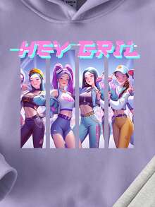 SHEIN Playful Pals 舒适秋冬款式，少女休闲时尚创意个性清新简约可爱虚拟女团角色标语印花连帽衫和运动裤套装，舒适穿搭 - 彩色 - 查看 6