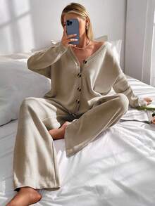 EURMUSE Drop Shoulder Cardigan & Tie Front Knit Pants - Brown - View 6