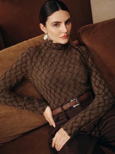 Anewsta Elegante Top Térmica de Renda Aveludada com Gola Alta para Mulheres, Top de Sobreposição de Alta Qualidade para Outono/Inverno