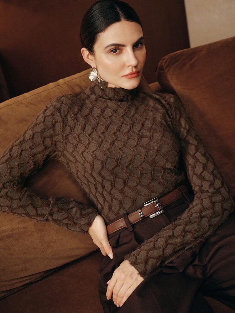 Camiseta interior de cuello alto con encaje estampado elegante para mujer, tops de alta gama para otoño/invierno/primavera para Año Nuevo, fiesta, boda, elegante, chic, con estilo, Navidad, festival, vacaciones