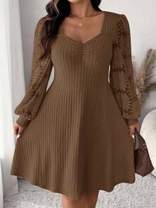 SHEIN Frenchy Váy cổ chữ V nhún ngực cỡ lớn, thường ngày, mùa thu - Màu Khaki - Xem 2