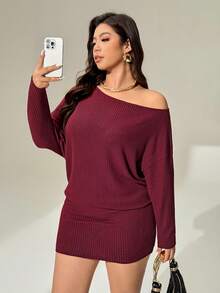 Auralis Women's Plus-Size Elegant Off-Shoulder Long-Sleeved Short Dress,Burgundy,Autumn,Smart Casual,Night Out Club Curve Outfits For Christmas & New Year - Red - View 4