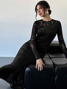 Firerie فستان طويل الأكمام من الدانتيل والمخمل الأرجواني الأنيق والفاخر والرومانسي والراقي، مناسب للمناسبات والحفلات والسهرات والاستخدام اليومي، خاص بالأعياد والعطلات الجديدة