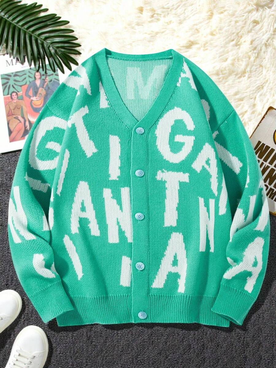Manfinity Roghcode Men's Letter Pattern Long Sleeve Single-Breasted Casual Knit Cardigan, Autumn/Winter - Green - View 1