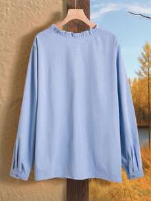 EMERY ROSE 大码女式秋/初春休闲时尚度假蓝色衬衫，长袖女式衬衫，蓝色女式上衣，西式衬衫，女式衬衫上衣，外出穿着，2026新款，简约时尚，适合日常穿着，初春，度假女装，节日女装，春季女装，情人节女装 - 藍色 - 查看 2