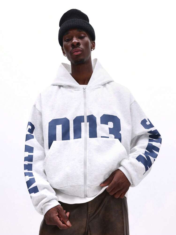 SUMWON Men's Oversized Zip Up Hoodie With Bold Letter Print And Sleeve Graphics - Grey - View 1