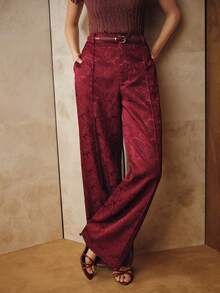 Anewsta 女士腰果提花口袋阔腿宽松优雅长裤 - 酒紅色 - 查看 4