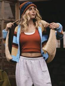 SHEIN Unity Cardigan régulier pour femme, sweat-shirt à capuche boutonnée bicolore, pull élégant et décontracté - Multicolore - Voir 6
