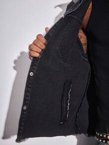 ROMWE MEN Men's American Street Style Star Rhinestone Denim Jacket - Black - View 7