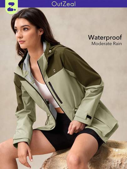 OutZeal Chaqueta impermeable para mujer con múltiples bolsillos con cremallera, espalda de malla y cordón ajustable en la cintura, con bloques de color, para actividades al aire libre, senderismo, acampada y otoño